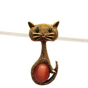 Cat Brooch Green Eyed Rhinestone Pin Stylish Sparkle Gold Metal Gemstone Kitty